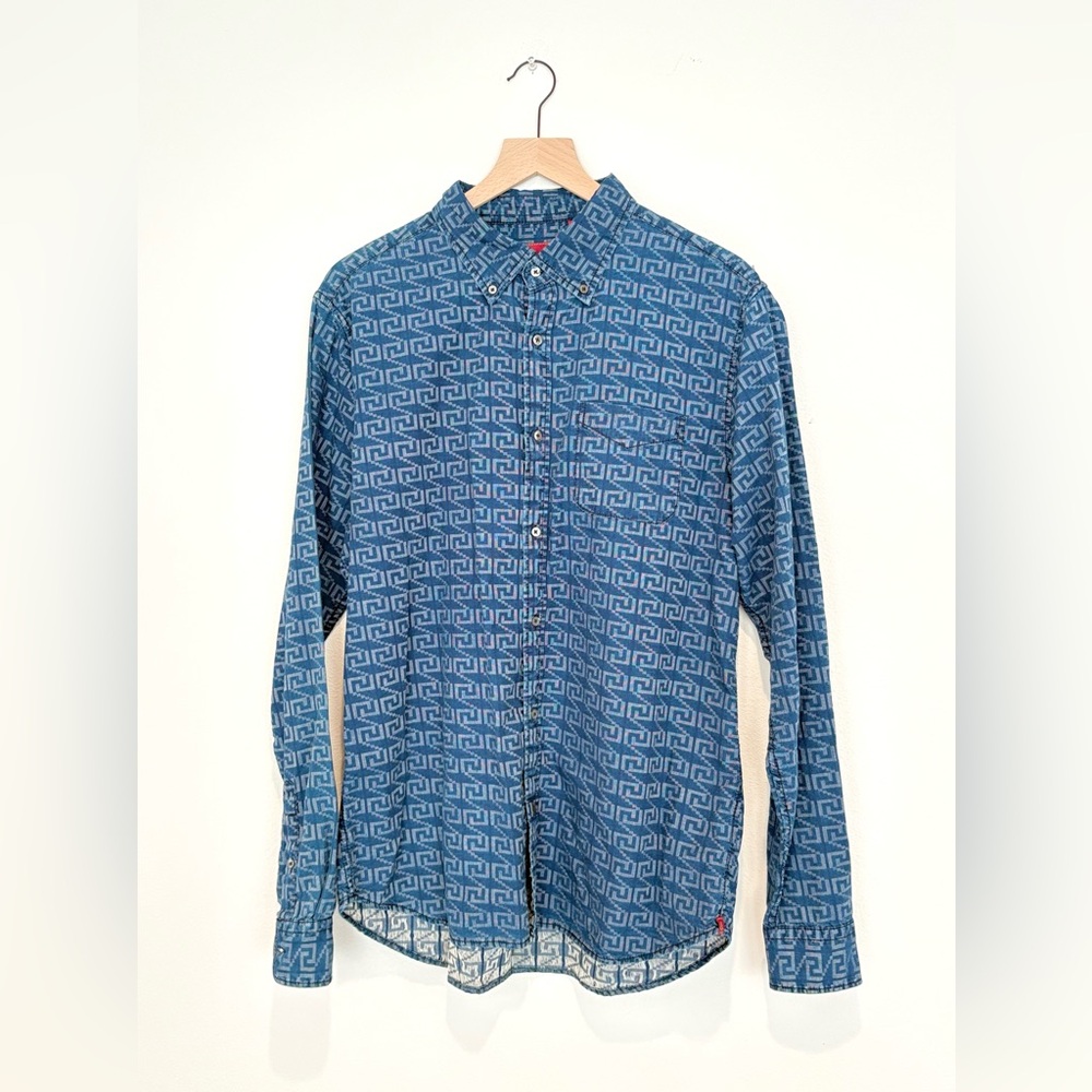 geometric greek key button down - indigo blue 100% cotton woven shirt - men XL